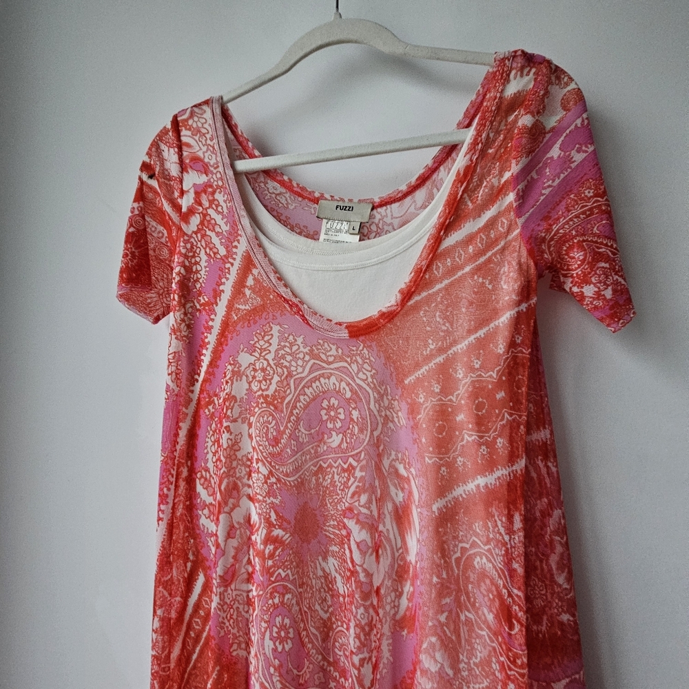 Fuzzi JPG Italy Nylon Mesh Sunset Salmon Patchwork Hankercheif Dress - Picture 6 of 15